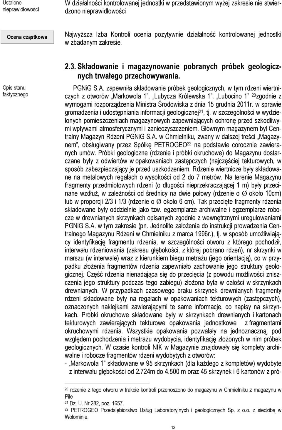 zapewniła składowanie próbek geologicznych, w tym rdzeni wiertniczych z otworów Markowola 1, Lubycza Królewska 1, Lubocino 1 20 zgodnie z wymogami rozporządzenia Ministra Środowiska z dnia 15 grudnia