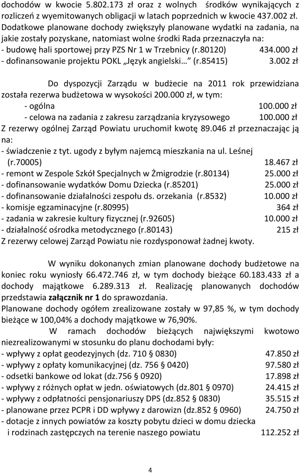 80120) 434.000 zł - dofinansowanie projektu POKL Język angielski (r.85415) 3.002 zł Do dyspozycji Zarządu w budżecie na 2011 rok przewidziana została rezerwa budżetowa w wysokości 200.