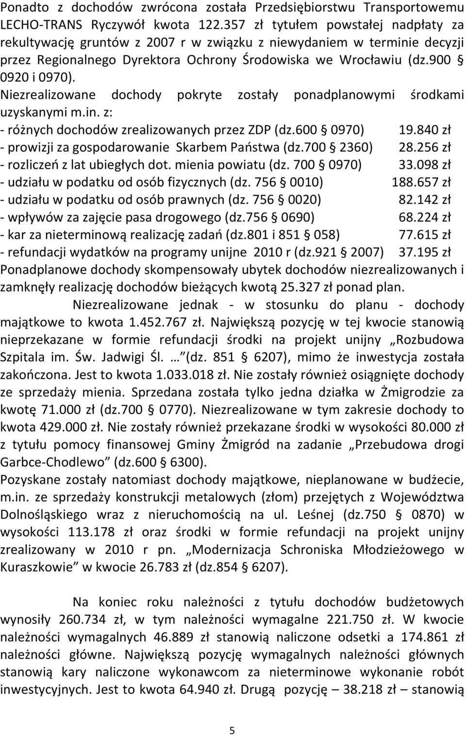 Niezrealizowane dochody pokryte zostały ponadplanowymi środkami uzyskanymi m.in. z: - różnych dochodów zrealizowanych przez ZDP (dz.600 0970) 19.