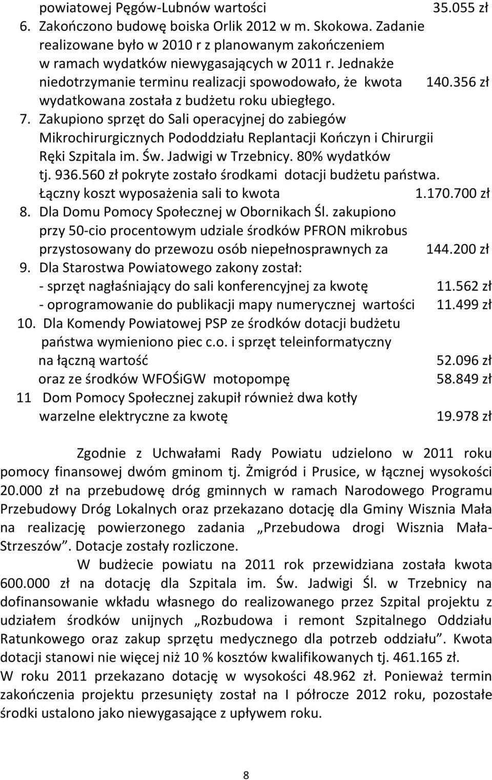 Zakupiono sprzęt do Sali operacyjnej do zabiegów Mikrochirurgicznych Pododdziału Replantacji Kończyn i Chirurgii Ręki Szpitala im. Św. Jadwigi w Trzebnicy. 80% wydatków tj. 936.
