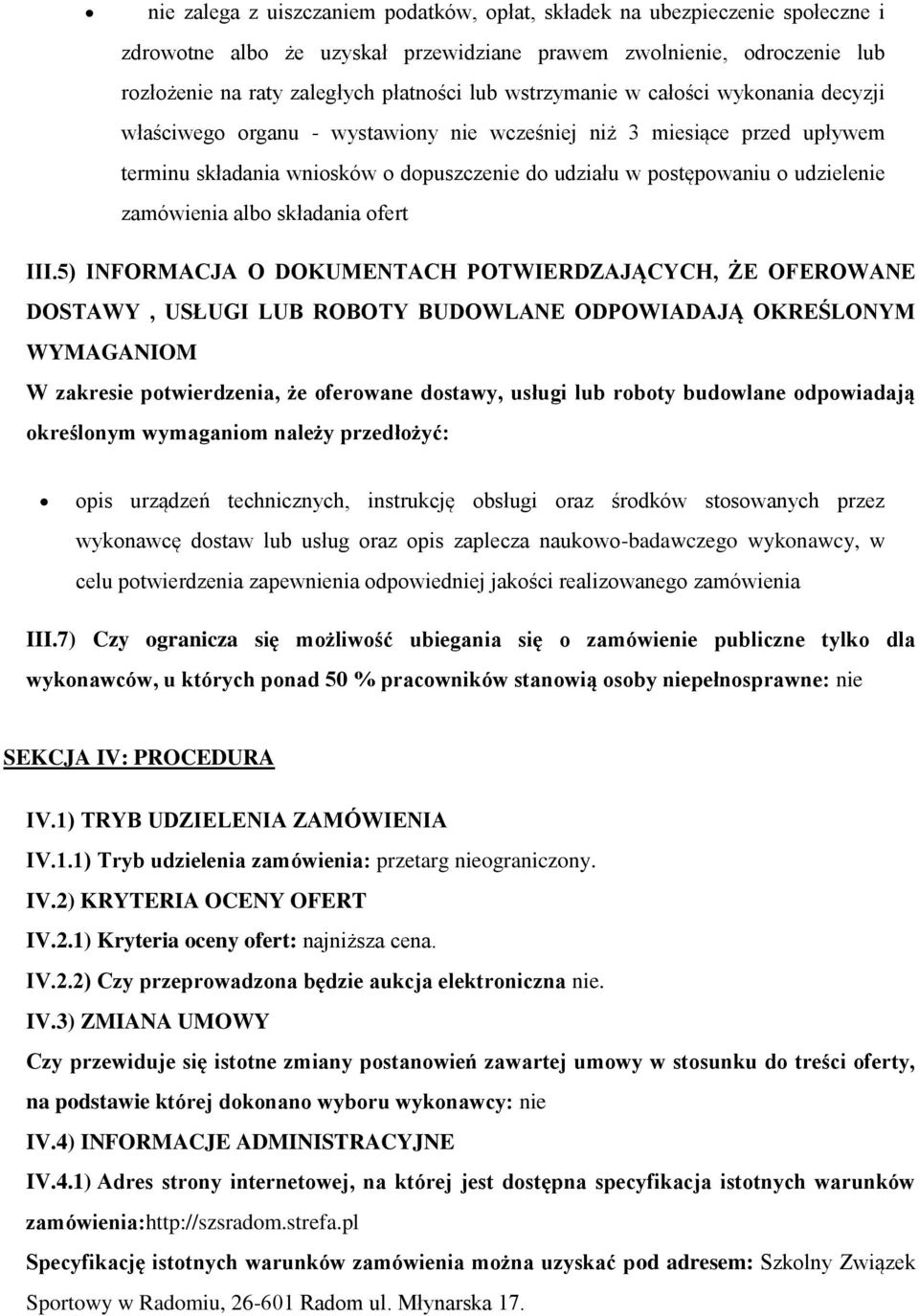zamówienia albo składania ofert III.