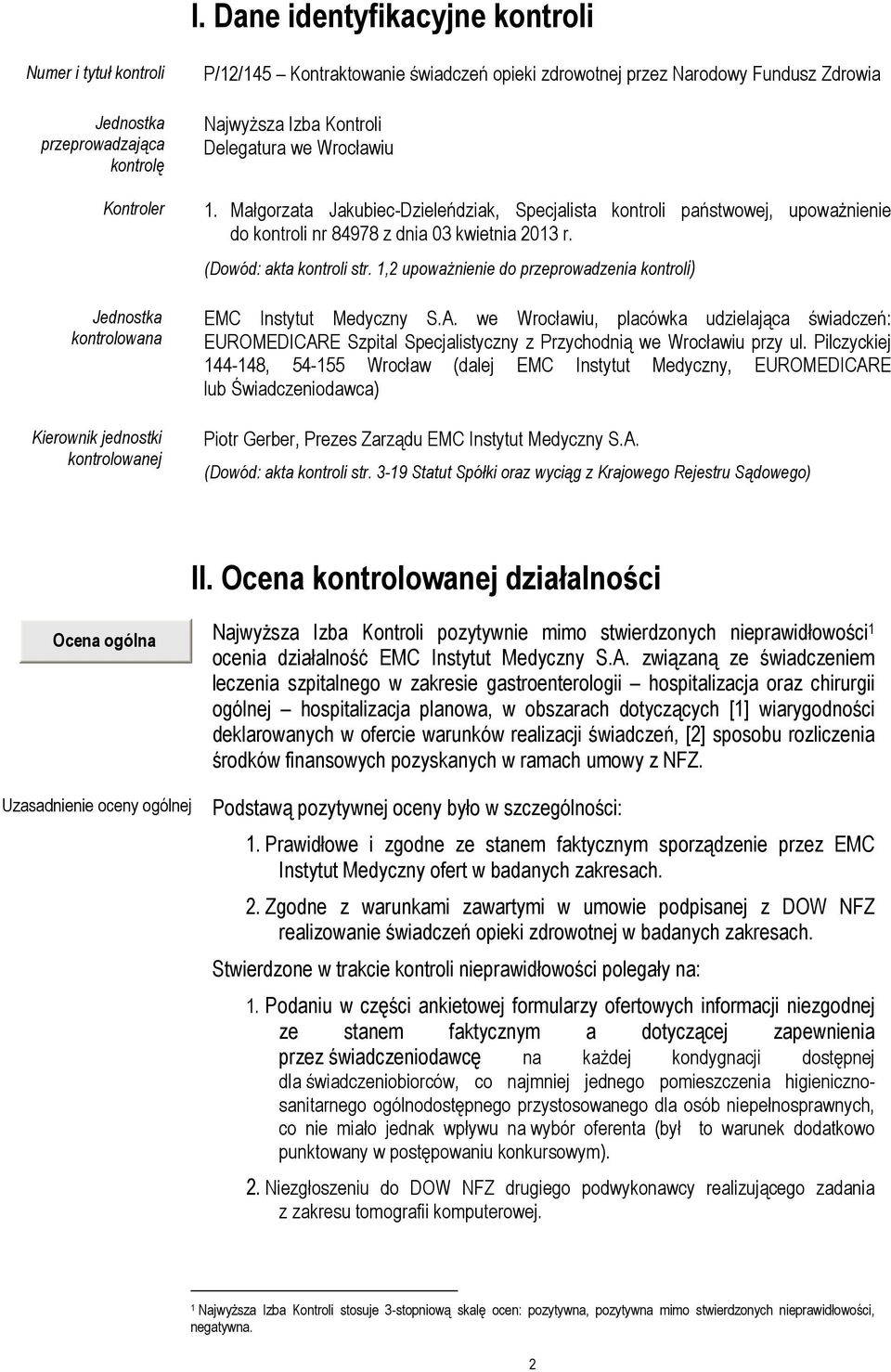 Małgorzata Jakubiec-Dzieleńdziak, Specjalista kontroli państwowej, upowaŝnienie do kontroli nr 84978 z dnia 03 kwietnia 2013 r. (Dowód: akta kontroli str.