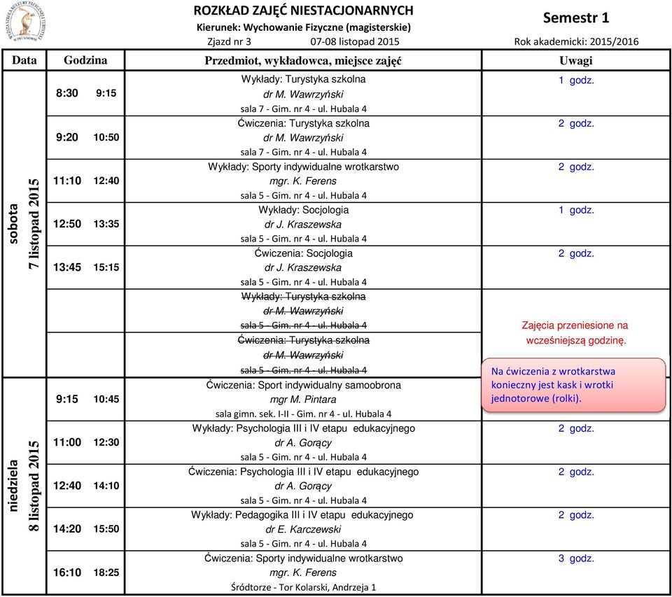 Ferens Wykłady: Socjologia Ćwiczenia: Socjologia Wykłady: Turystyka szkolna Ćwiczenia: Turystyka szkolna Ćwiczenia: Sport indywidualny samoobrona Wykłady: Psychologia III i IV etapu edukacyjnego
