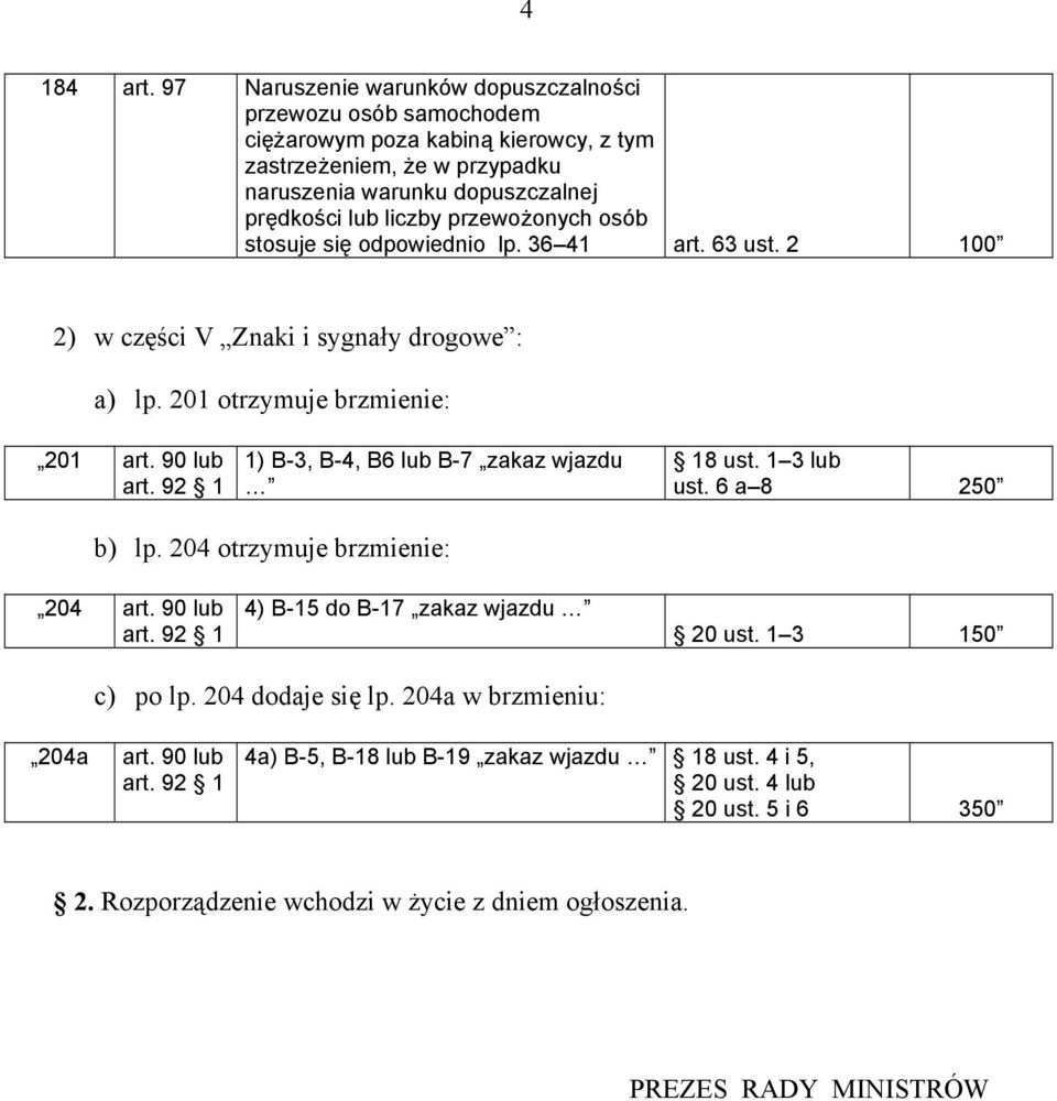 przewożonych osób stosuje się odpowiednio lp. 36 41 art. 63 ust. 2 100 2) w części V Znaki i sygnały drogowe : a) lp. 201 otrzymuje brzmienie: 201 art. 90 lub art.