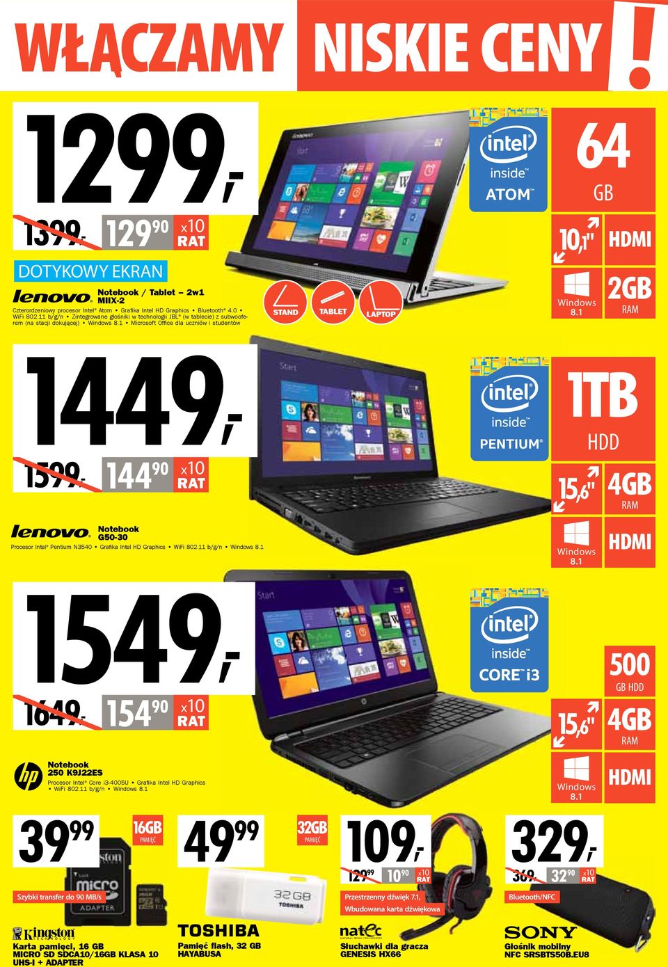 1 RAM 1TB 15,6" GB HDD 4GB RAM Notebook G50-30 Procesor Intel Pentium N3540 Grafika Intel HD Graphics WiFi 802.11 b/g/n 8.1 8.