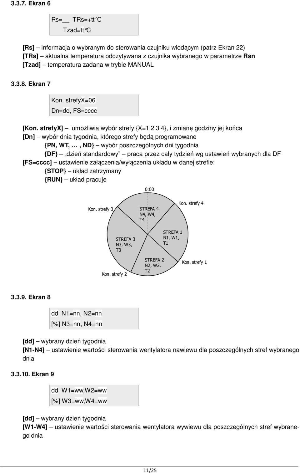 temperatura zadana w trybie MANUAL 3.3.8. Ekran 7 Kon. strefyx=06 Dn=dd, FS=cccc [Kon.