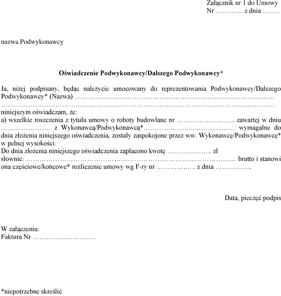 (Nazwa)... niniejszym oświadczam, że: a) wszelkie roszczenia z tytułu umowy o roboty budowlane nr.. zawartej w dniu. z Wykonawcą/Podwykonawcą*.