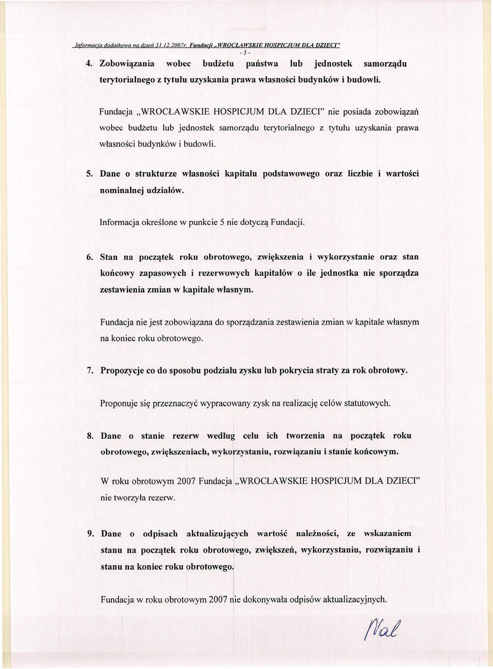 Fundacja "WROCŁAWSKE HOSPCJUM DLA DZEC" nie posiada zobowiązań wobec budżetu lub jednostek samorządu terytorialnego z tytułu uzyskania prawa własności budynków i budowli. 5.