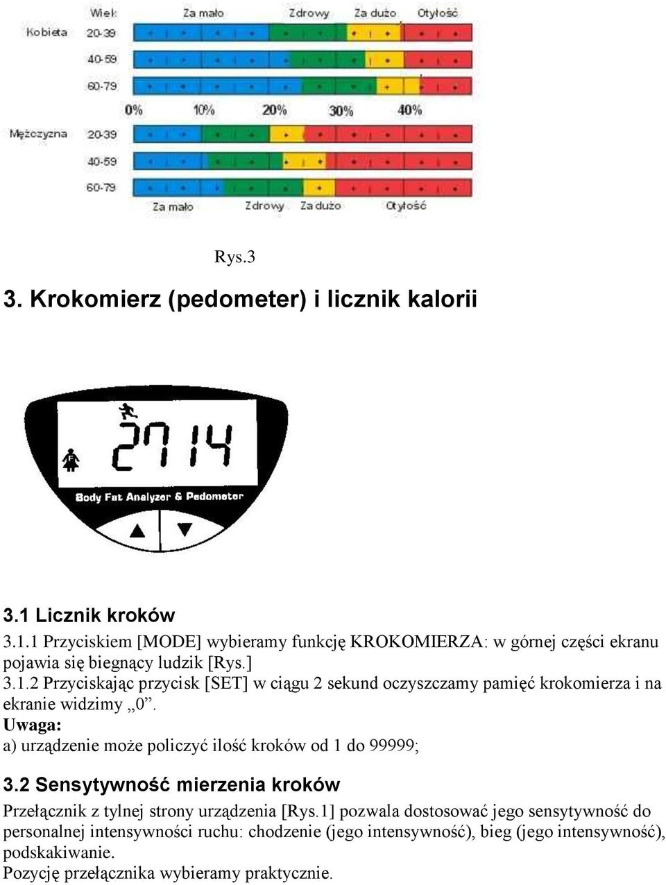 Uwaga: a) urządzenie może policzyć ilość kroków od 1 do 99999; 3.2 Sensytywność mierzenia kroków Przełącznik z tylnej strony urządzenia [Rys.