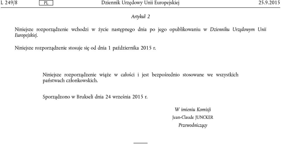 2015 Artykuł 2 Niniejsze rozporządzenie wchodzi w życie następnego dnia po jego opublikowaniu w Dzienniku