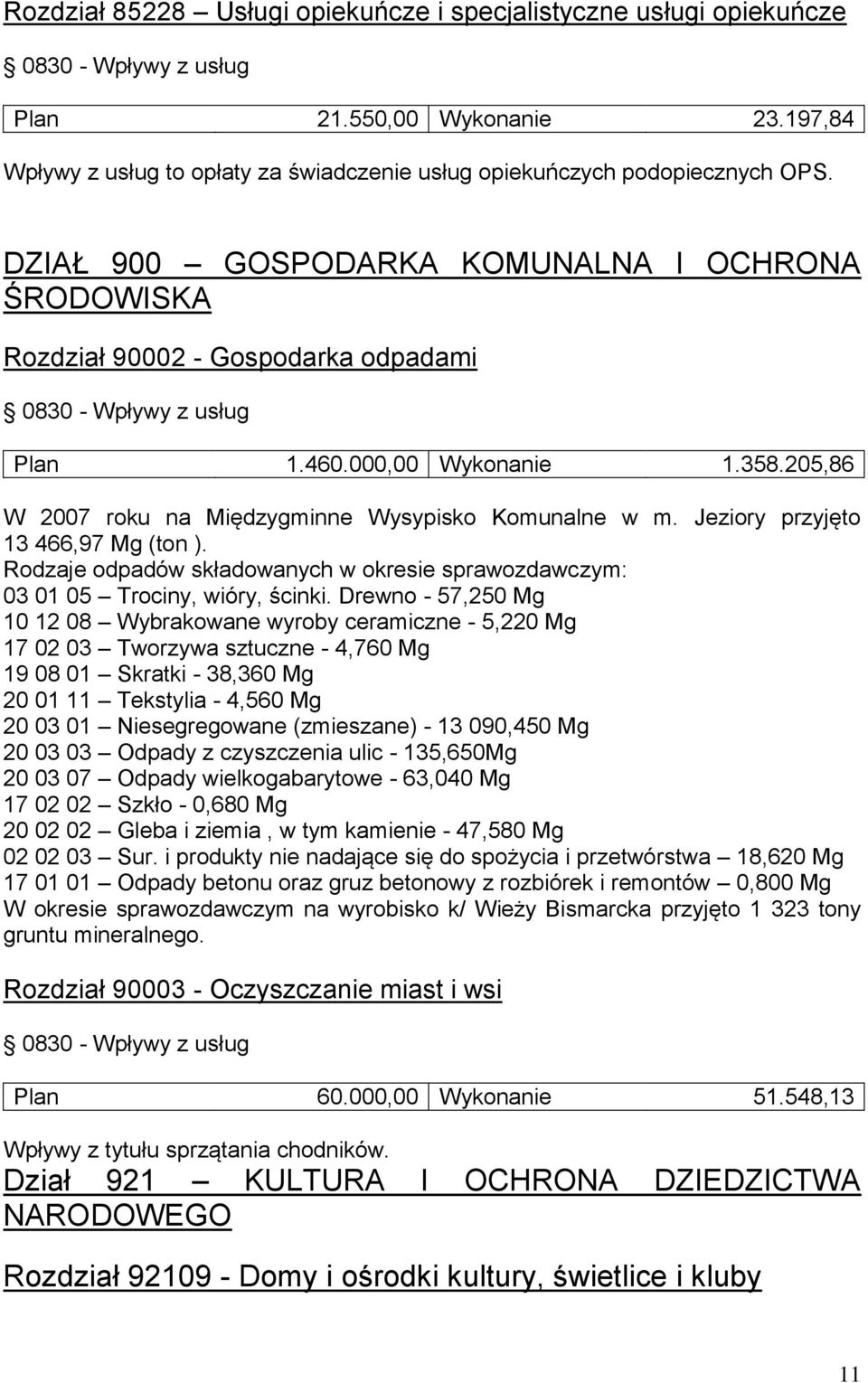DZIAŁ 900 GOSPODARKA KOMUNALNA I OCHRONA ŚRODOWISKA Rozdział 90002 - Gospodarka odpadami 0830 - Wpływy z usług Plan 1.460.000,00 Wykonanie 1.358.