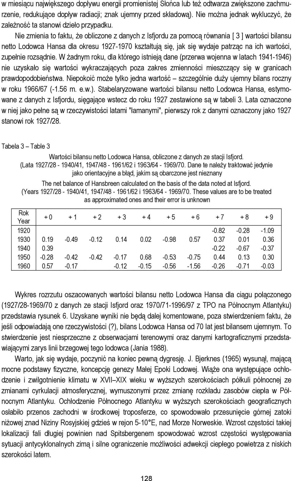Nie zmienia to faktu, że obliczone z danych z Isfjordu za pomocą równania [ 3 ] wartości bilansu netto Lodowca Hansa dla okresu 1927-1970 kształtują się, jak się wydaje patrząc na ich wartości,