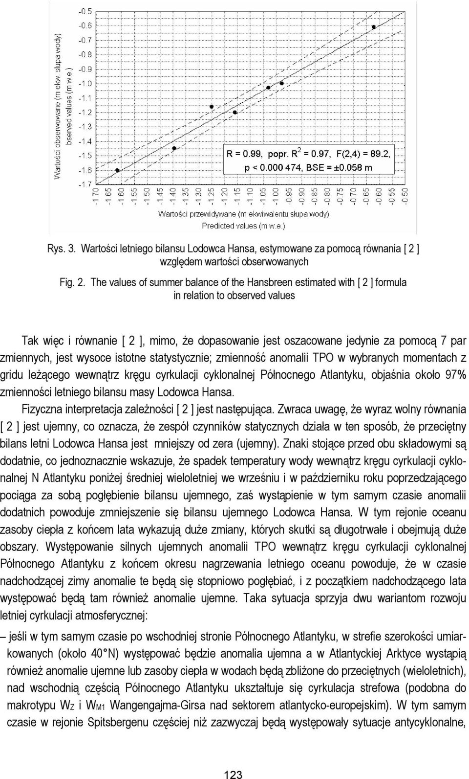 The values of summer balance of the Hansbreen estimated with [ 2 ] formula in relation to observed values Tak więc i równanie [ 2 ], mimo, że dopasowanie jest oszacowane jedynie za pomocą 7 par