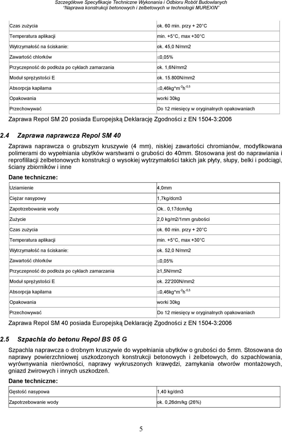 800N/mm2 Absorpcja kapilarna 0,46kg*m -2 h -0,5 Opakowania worki 30kg Przechowywać Do 12 miesięcy w oryginalnych opakowaniach Zaprawa Repol SM 20 posiada Europejską Deklarację Zgodności z EN