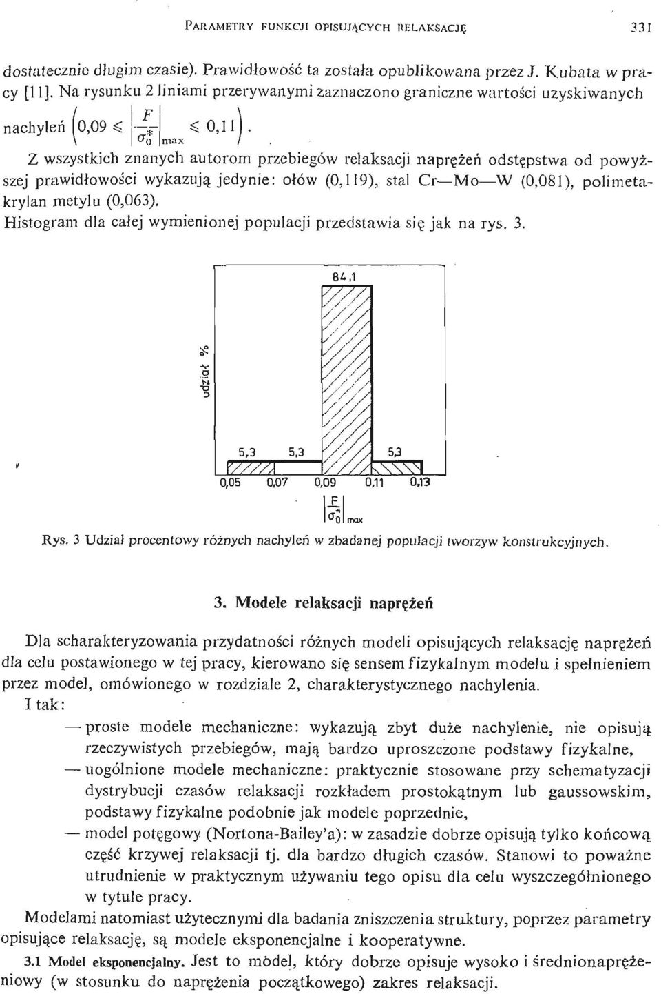 powyższej prawidłowoś ci wykazują jedynie: ołów (0,9), stal Cr Mo W (0,08), polimetakrylan metylu (0,063). Histogram dla całej wymienionej populacji przedstawia się jak na rys. 3.