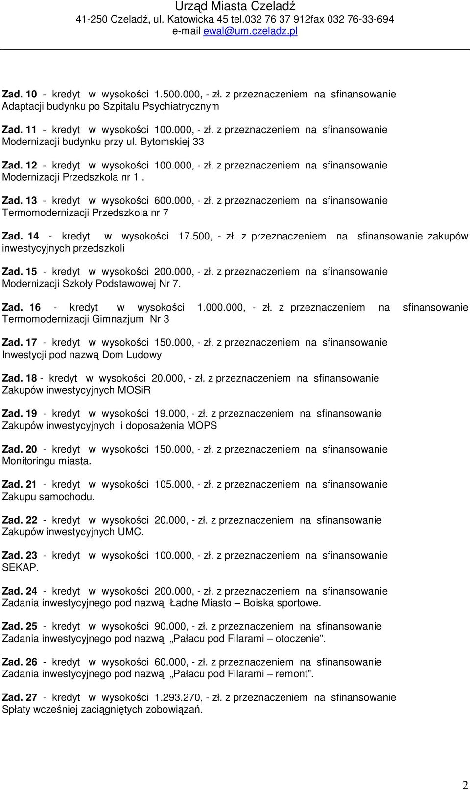 Bytomskiej 33 Zad. 12 - kredyt w wysokości 100.000, - zł. z przeznaczeniem na sfinansowanie Modernizacji Przedszkola nr 1. Zad. 13 - kredyt w wysokości 600.000, - zł. z przeznaczeniem na sfinansowanie Termomodernizacji Przedszkola nr 7 Zad.