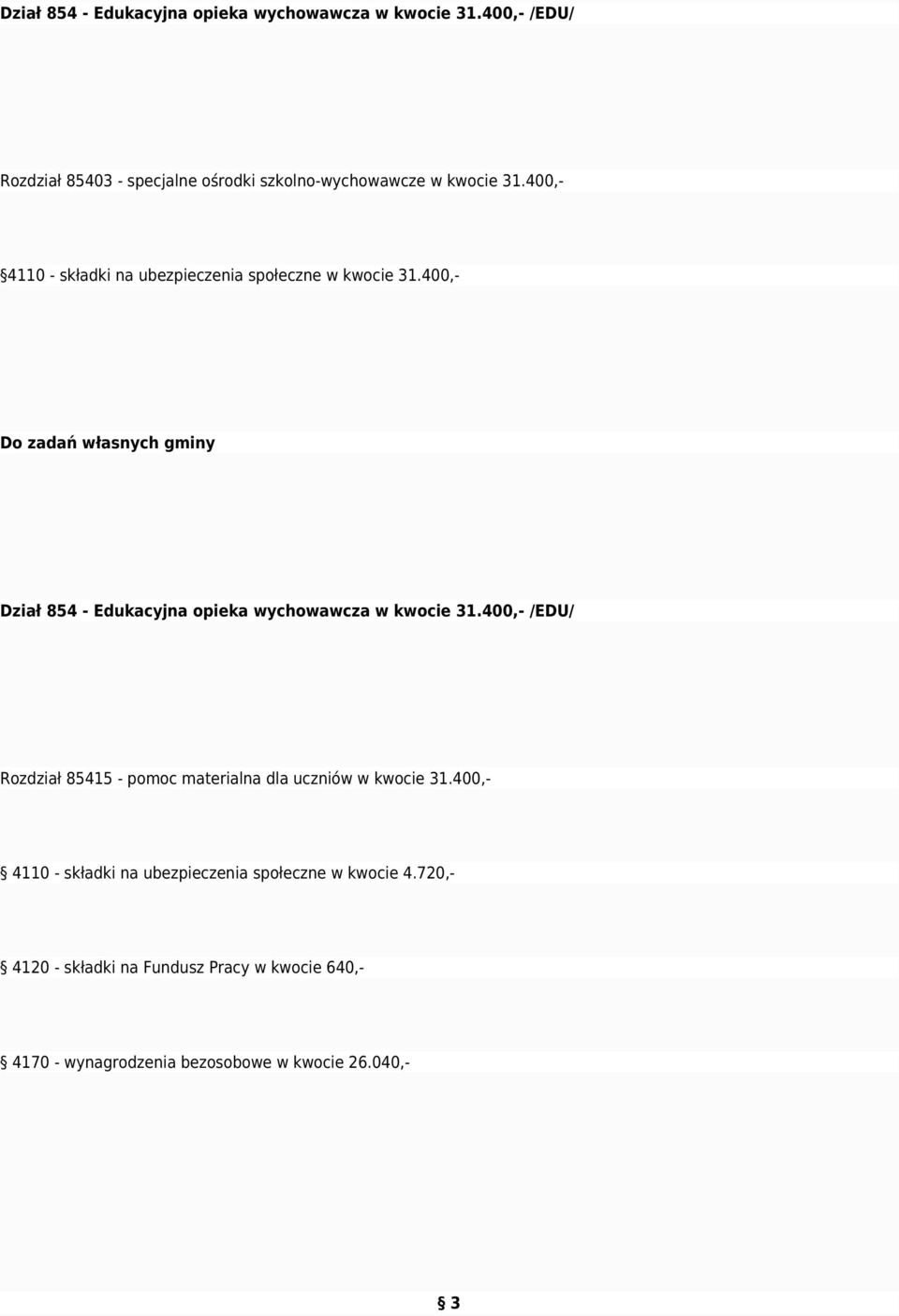 400,- 4110 - składki na ubezpieczenia społeczne w kwocie 31.