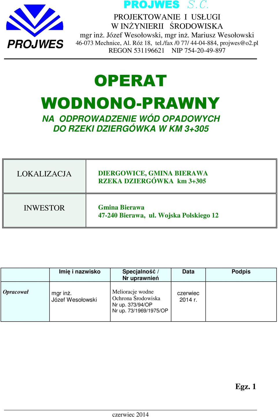 pl REGON 531196621 NIP 754-20-49-897 OPERAT WODNONO-PRAWNY NA ODPROWADZENIE WÓD OPADOWYCH DO RZEKI DZIERGÓWKA W KM 3+305 LOKALIZACJA DIERGOWICE, GMINA BIERAWA
