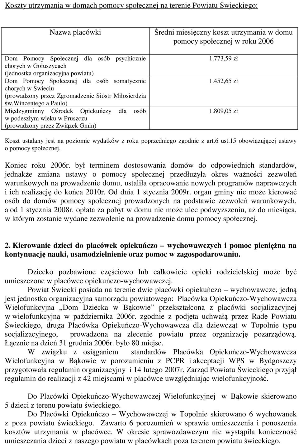 wincentego a Paulo) Międzygminny Ośrodek Opiekuńczy dla osób w podeszłym wieku w Pruszczu (prowadzony przez Związek Gmin) Średni miesięczny koszt utrzymania w domu pomocy społecznej w roku 2006 1.