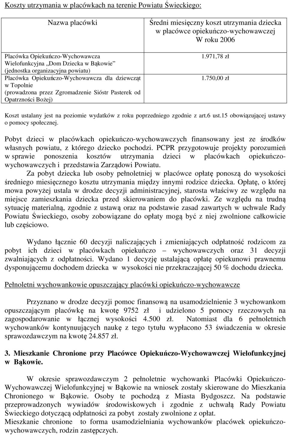 roku 2006 1.971,78 zł 1.750,00 zł Koszt ustalany jest na poziomie wydatków z roku poprzedniego zgodnie z art.6 ust.15 obowiązującej ustawy o pomocy społecznej.