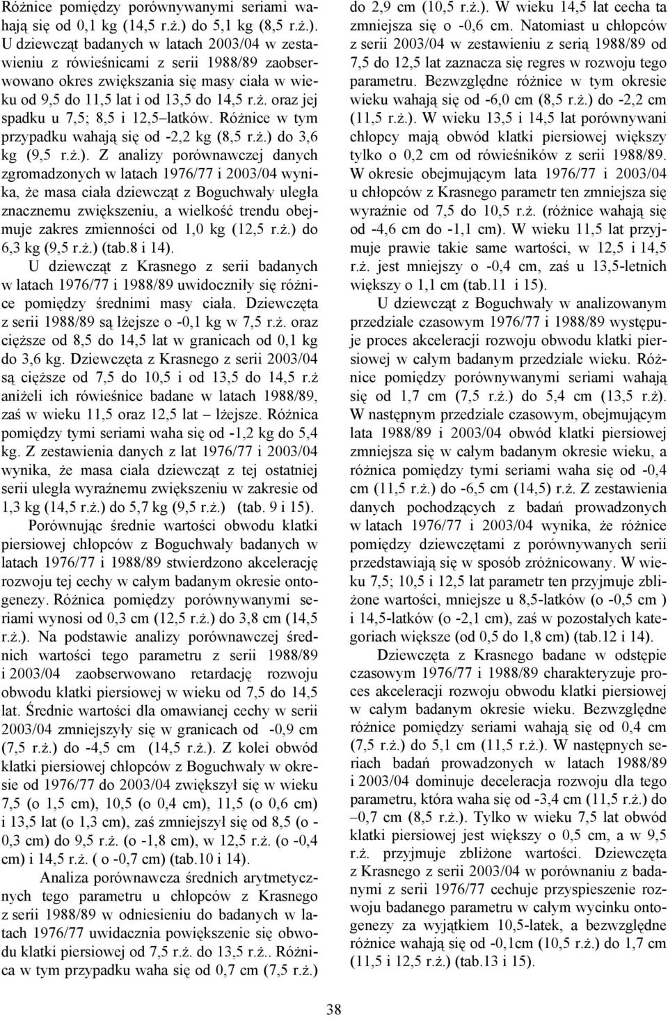 ż. oraz jej spadku u 7,5; 8,5 i 12,5 latków. Różnice w tym przypadku wahają się od -2,2 kg (8,5 r.ż.) 