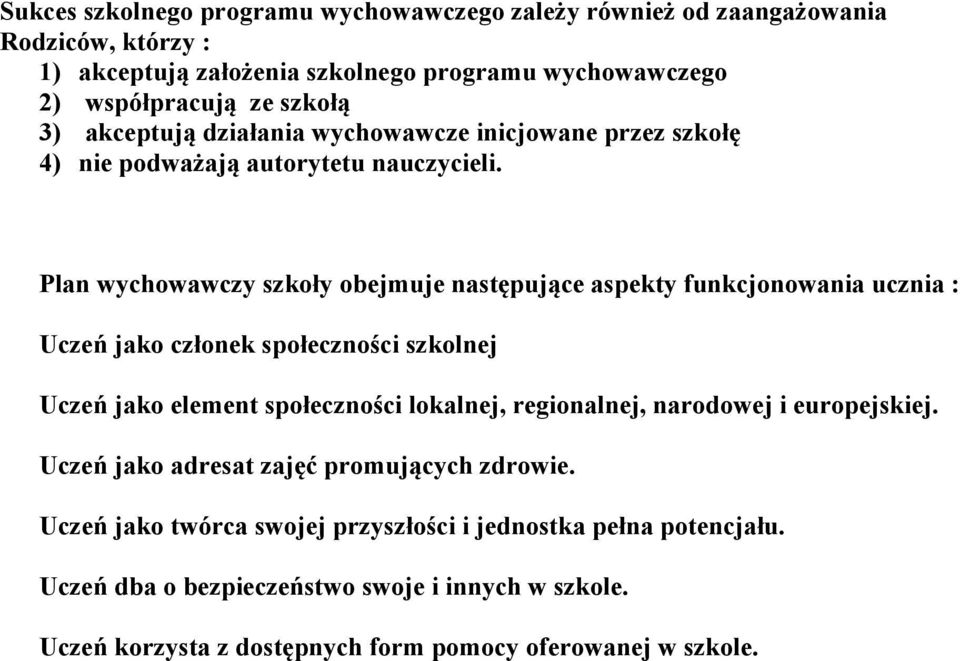 Plan wychowawczy szkoły obejmuje następujące aspekty funkcjonowania ucznia : Uczeń jako członek społeczności szkolnej Uczeń jako element społeczności lokalnej, regionalnej,