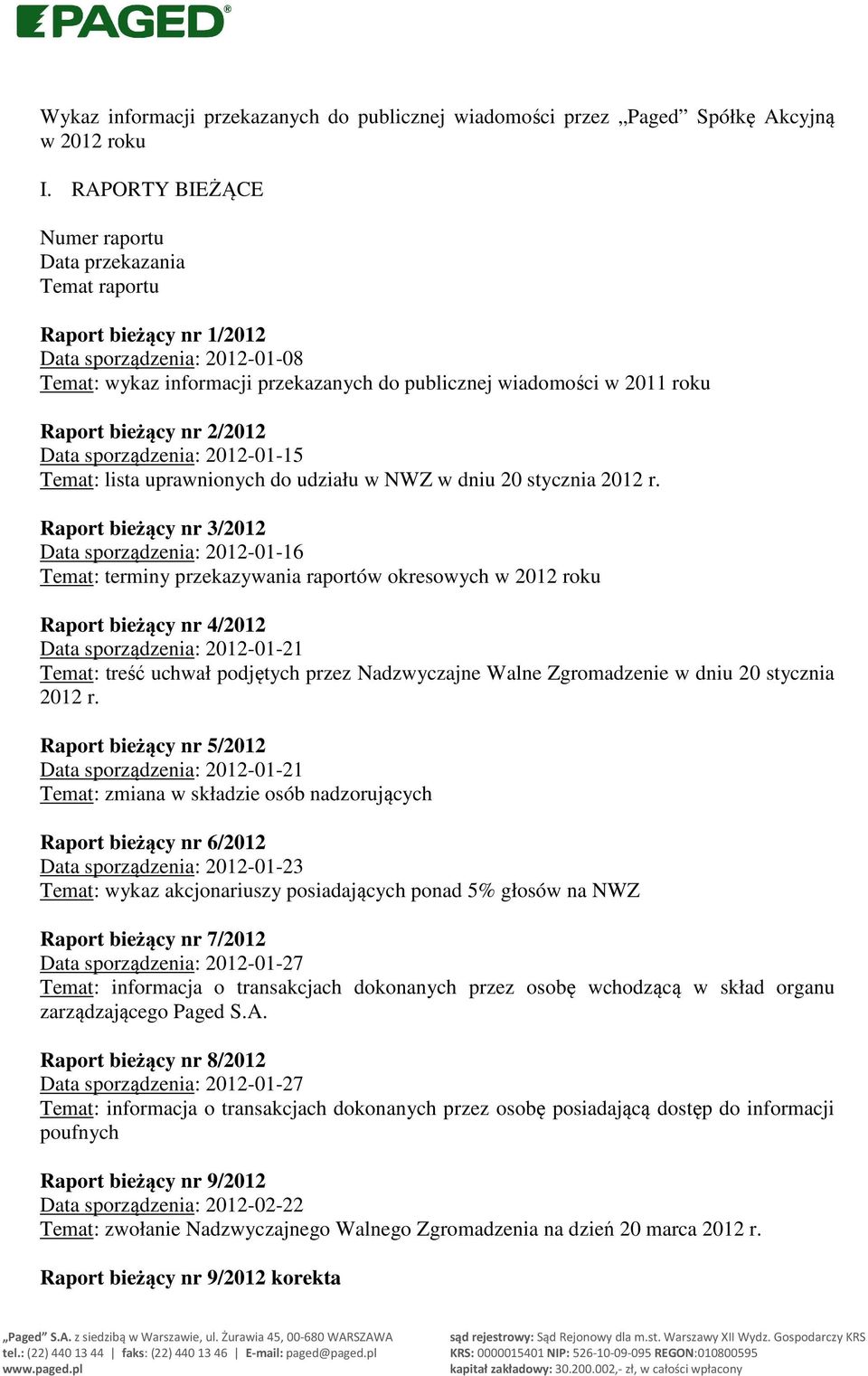 bieżący nr 2/2012 Data sporządzenia: 2012-01-15 Temat: lista uprawnionych do udziału w NWZ w dniu 20 stycznia 2012 r.