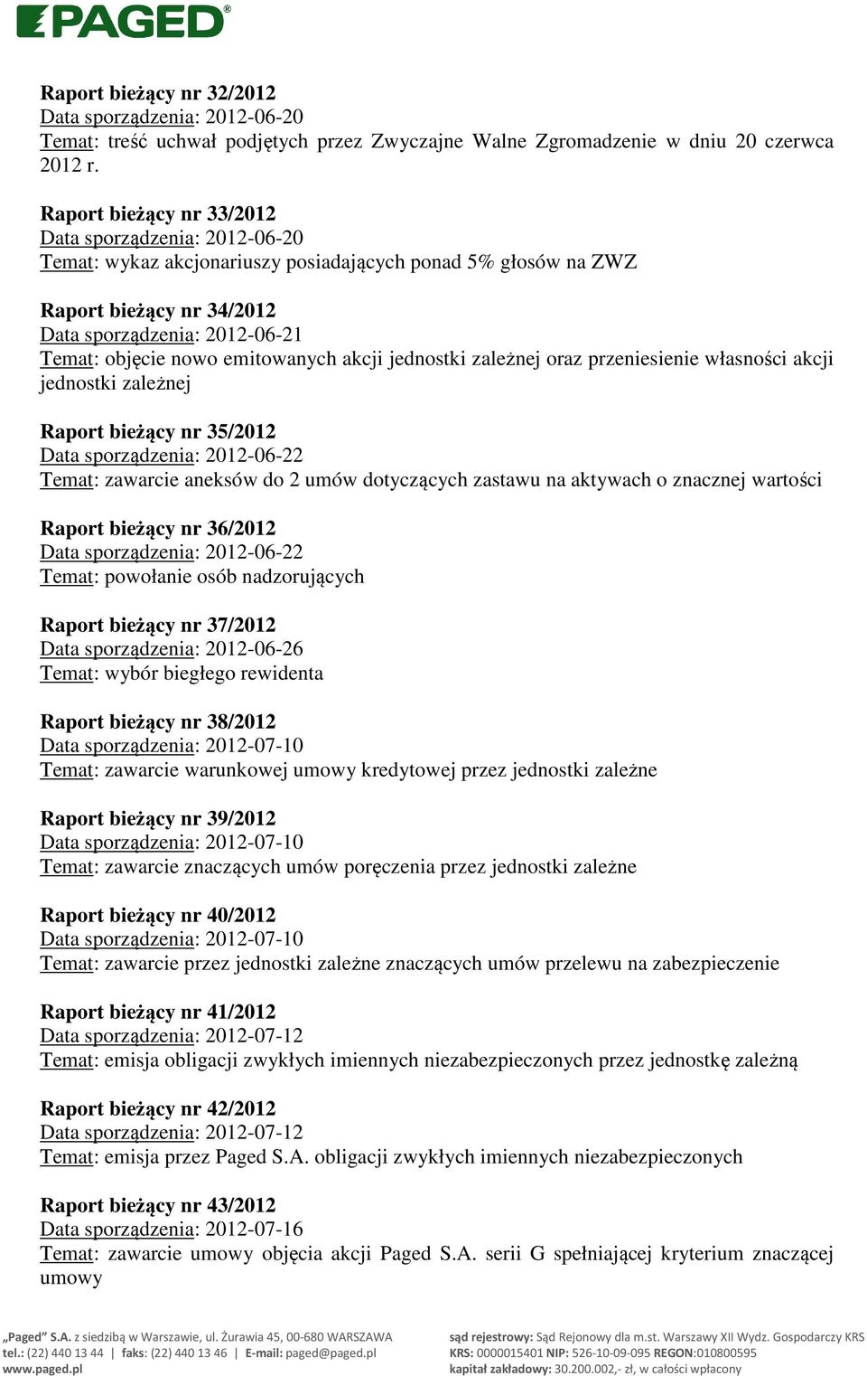 emitowanych akcji jednostki zależnej oraz przeniesienie własności akcji jednostki zależnej Raport bieżący nr 35/2012 Data sporządzenia: 2012-06-22 Temat: zawarcie aneksów do 2 umów dotyczących