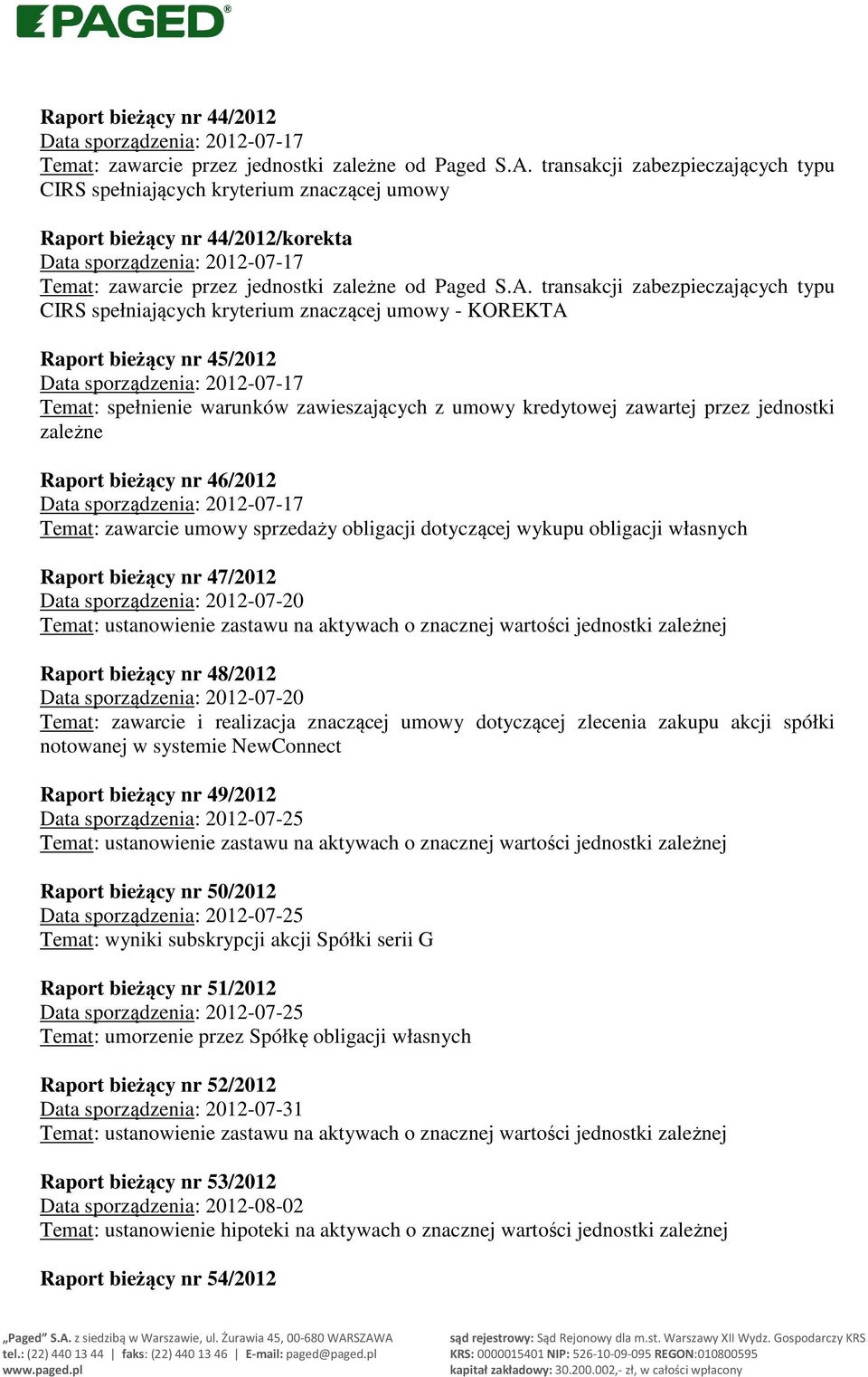 transakcji zabezpieczających typu CIRS spełniających kryterium znaczącej umowy - KOREKTA Raport bieżący nr 45/2012 Data sporządzenia: 2012-07-17 Temat: spełnienie warunków zawieszających z umowy