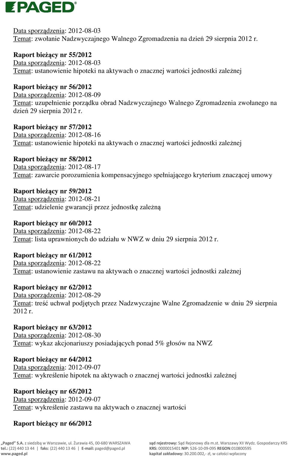 uzupełnienie porządku obrad Nadzwyczajnego Walnego Zgromadzenia zwołanego na dzień 29 sierpnia 2012 r.