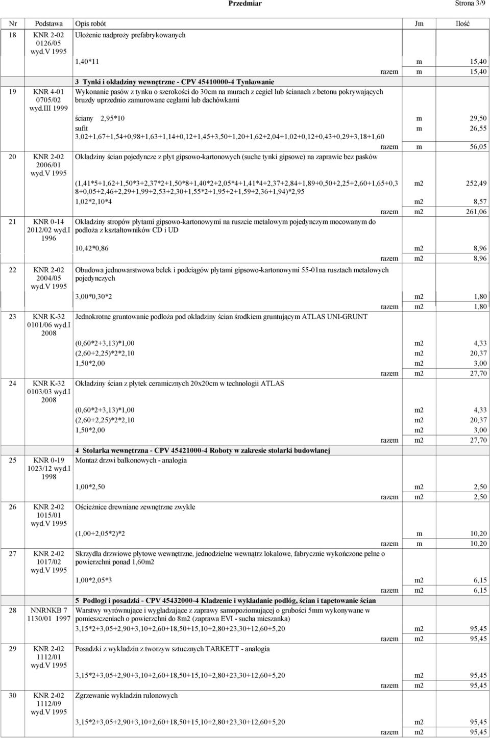 ścianach z betonu pokrywających bruzdy uprzednio zamurowane cegłami lub dachówkami ściany 2,95*10 m 29,50 sufit m 26,55