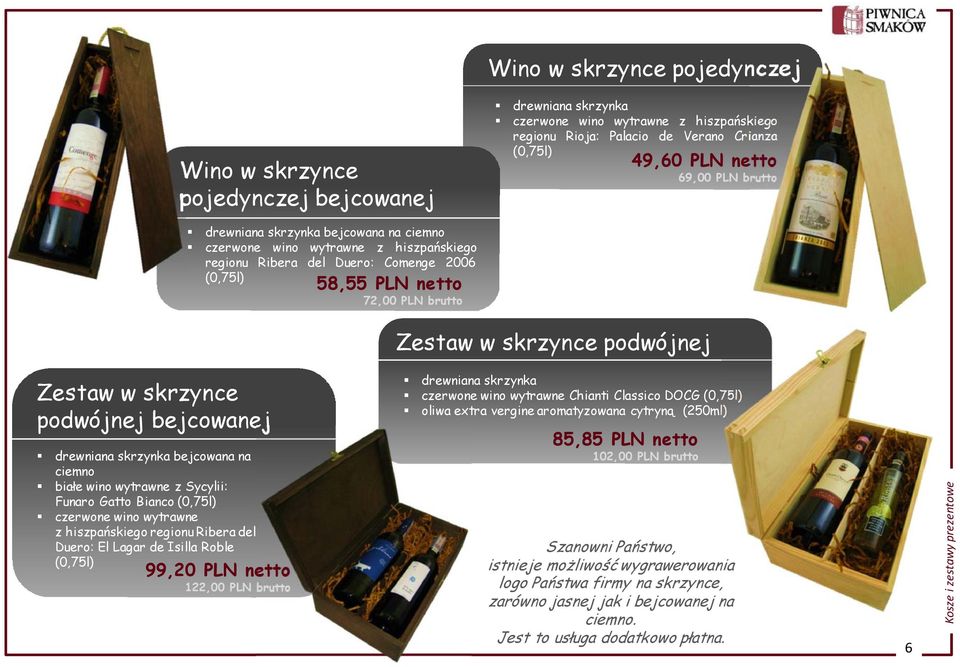 w skrzynce podwójnej bejcowanej drewniana skrzynka bejcowana na ciemno białe wino wytrawne z Sycylii: Funaro Gatto Bianco (0,75l) czerwone wino wytrawne z hiszpańskiego regionu Ribera del Duero: El