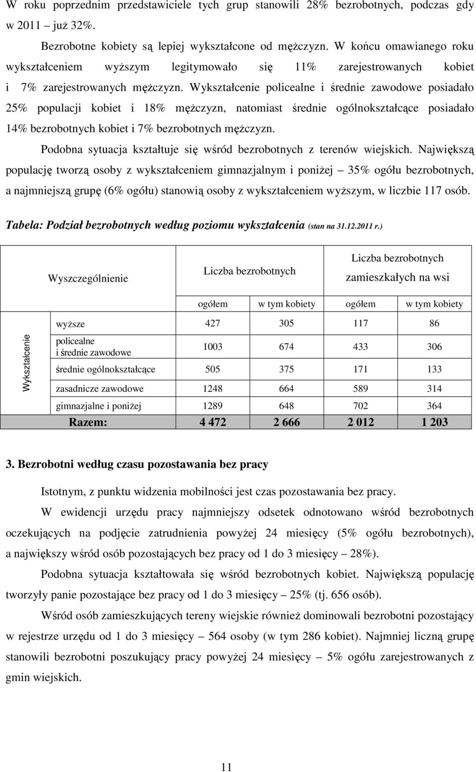 Wykształcenie policealne i średnie zawodowe posiadało 25% populacji kobiet i 18% męŝczyzn, natomiast średnie ogólnokształcące posiadało 14% bezrobotnych kobiet i 7% bezrobotnych męŝczyzn.