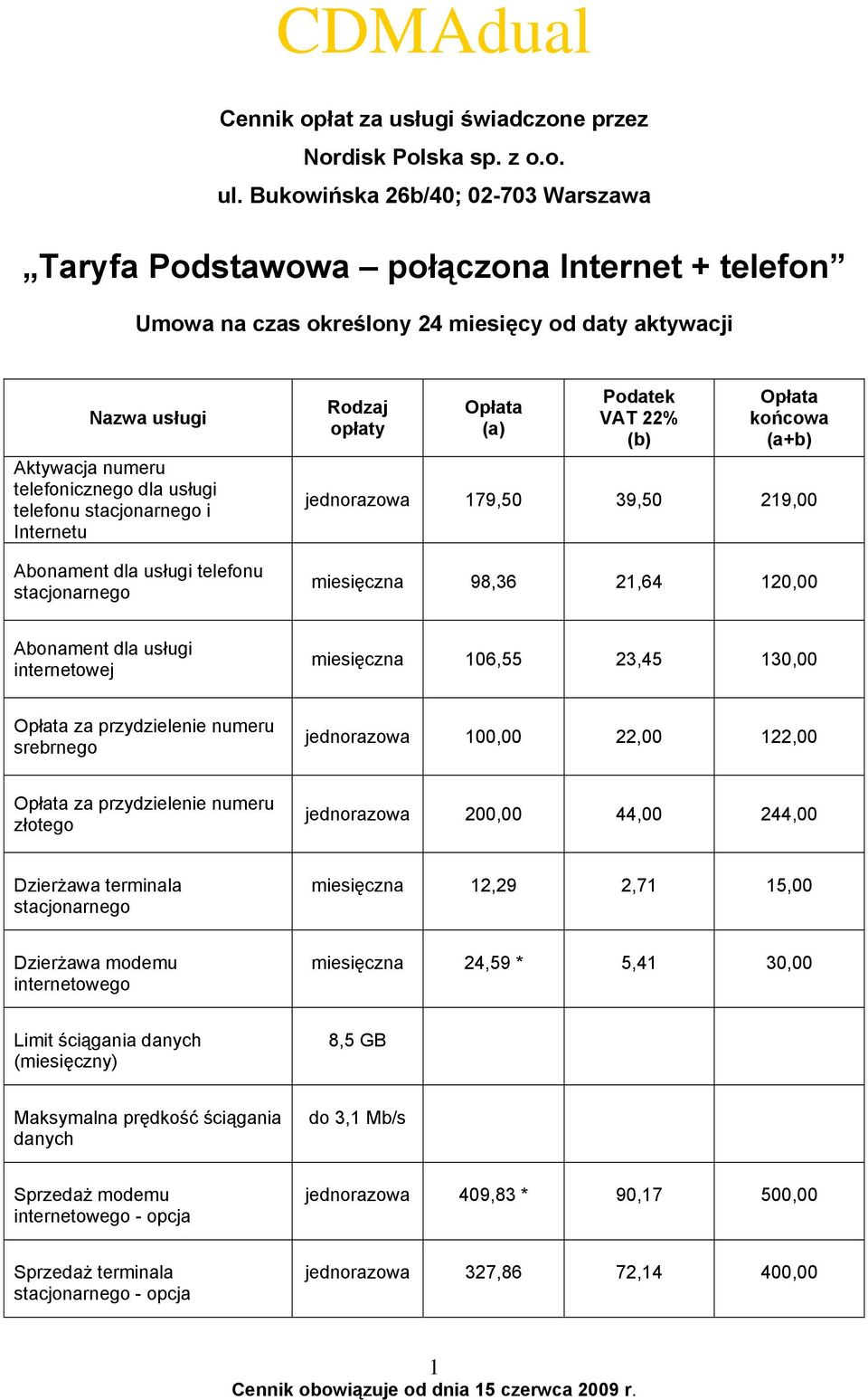 telefonu stacjonarnego i Internetu Abonament dla usługi telefonu stacjonarnego Rodzaj opłaty Opłata (a) Podatek VAT 22% (b) Opłata końcowa (a+b) jednorazowa 179,50 39,50 219,00 miesięczna 98,36 21,64