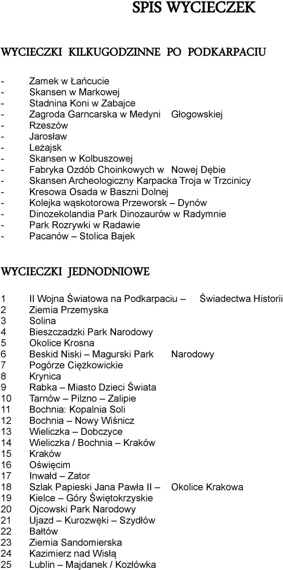 Dinozekolandia Park Dinozaurów w Radymnie - Park Rozrywki w Radawie - Pacanów Stolica Bajek WYCIECZKI JEDNODNIOWE 1 II Wojna Światowa na Podkarpaciu Świadectwa Historii 2 Ziemia Przemyska 3 Solina 4
