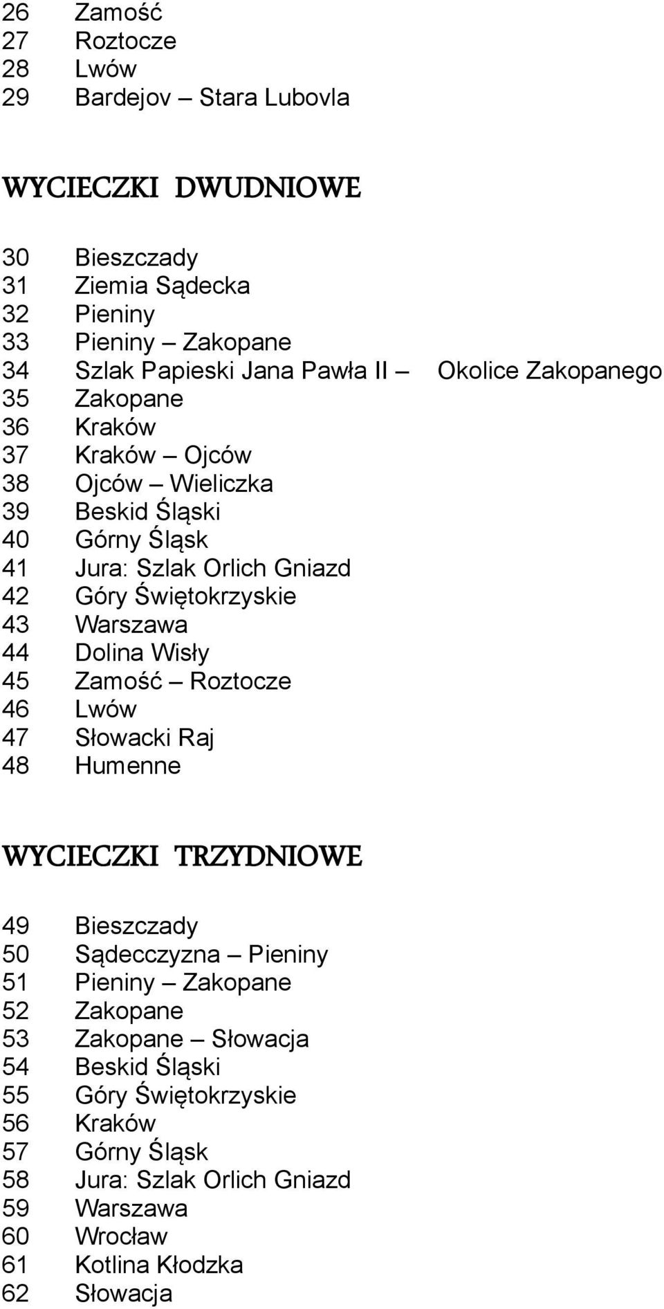 Warszawa 44 Dolina Wisły 45 Zamość Roztocze 46 Lwów 47 Słowacki Raj 48 Humenne WYCIECZKI TRZYDNIOWE 49 Bieszczady 50 Sądecczyzna Pieniny 51 Pieniny Zakopane 52