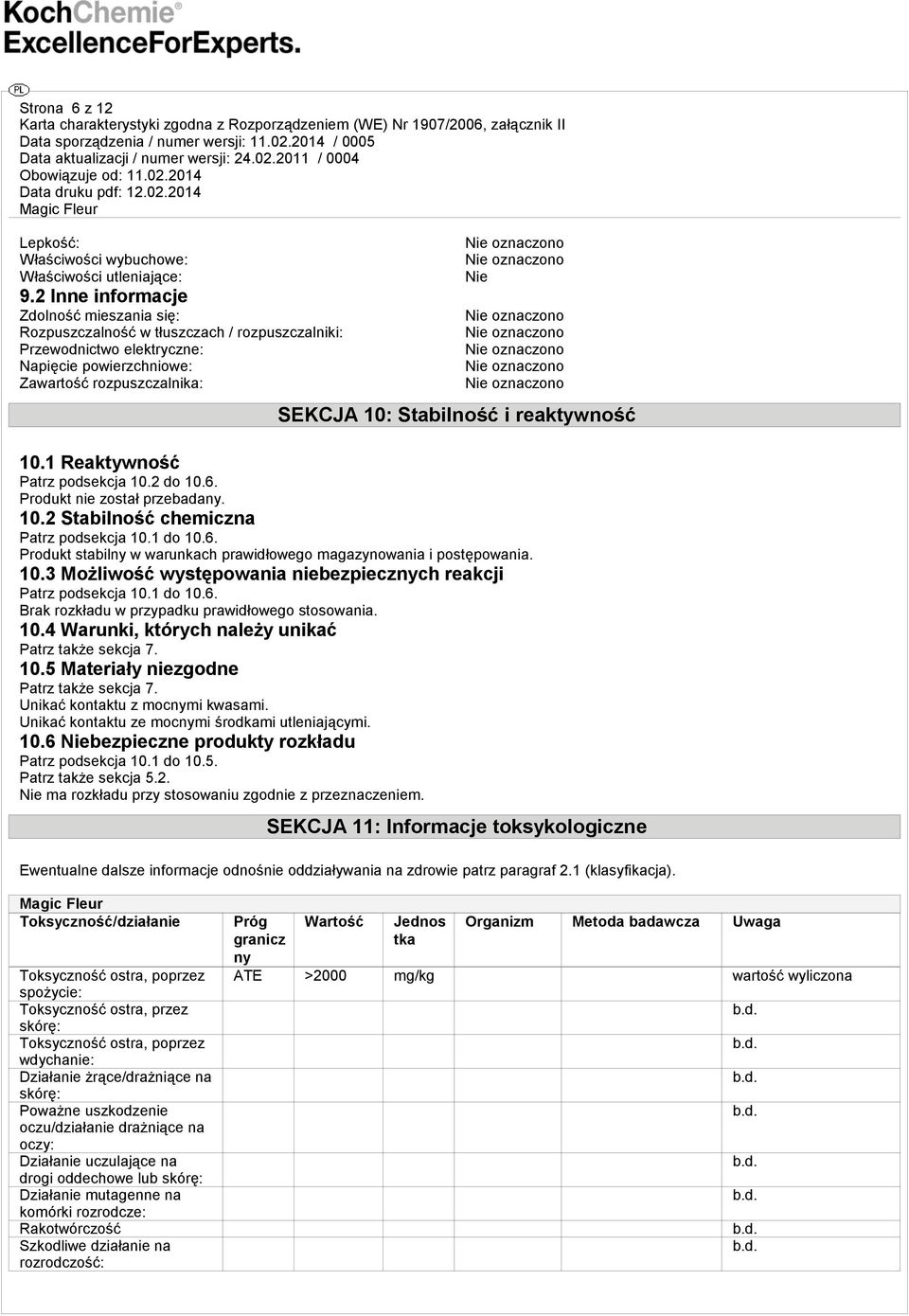 reaktywność 10.1 Reaktywność Patrz podsekcja 10.2 do 10.6. Produkt nie został przebadany. 10.2 Stabilność chemiczna Patrz podsekcja 10.1 do 10.6. Produkt stabilny w warunkach prawidłowego magazynowania i postępowania.