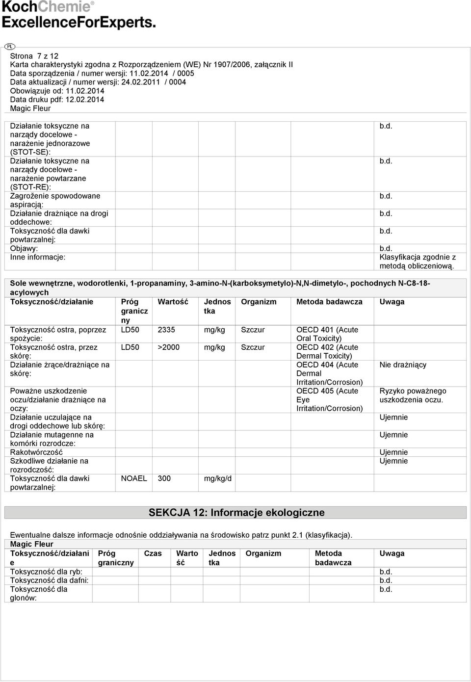 Sole wewnętrzne, wodorotlenki, 1-propanaminy, 3-amino-N-(karboksymetylo)-N,N-dimetylo-, pochodnych N-C8-18- acylowych Toksyczność/działanie Wartość Organizm Metoda badawcza Uwaga Toksyczność ostra,
