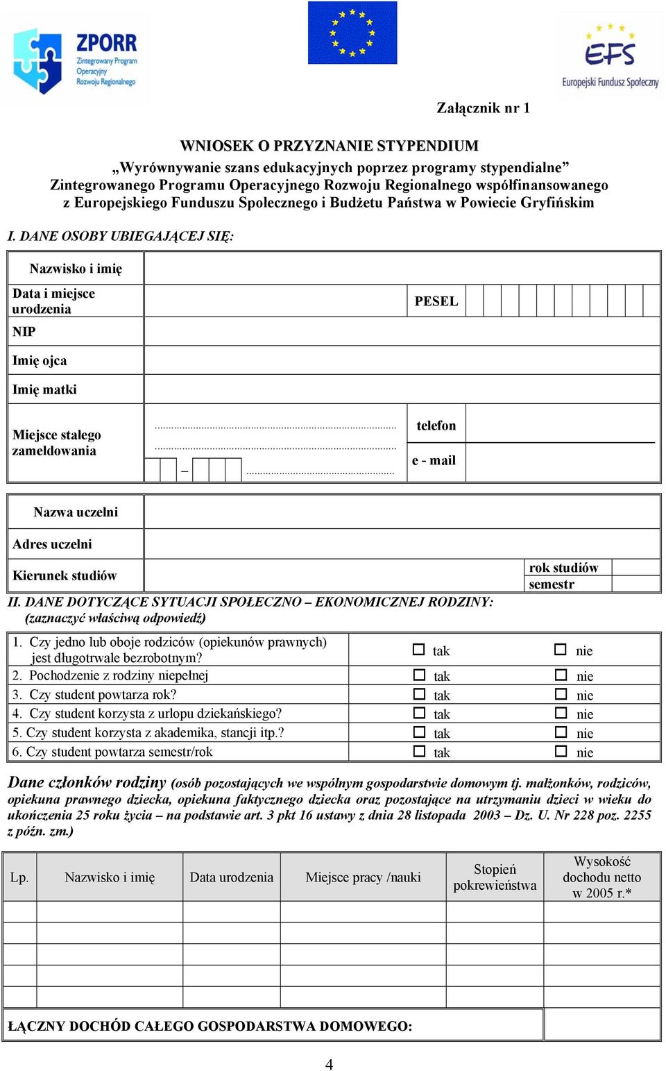 DANE OSOBY UBIEGAJĄCEJ SIĘ: Nazwisko i imię Data i miejsce urodzenia NIP PESEL Imię ojca Imię matki Miejsce stałego zameldowania......... telefon e - mail Nazwa uczelni Adres uczelni Kierunek studiów II.