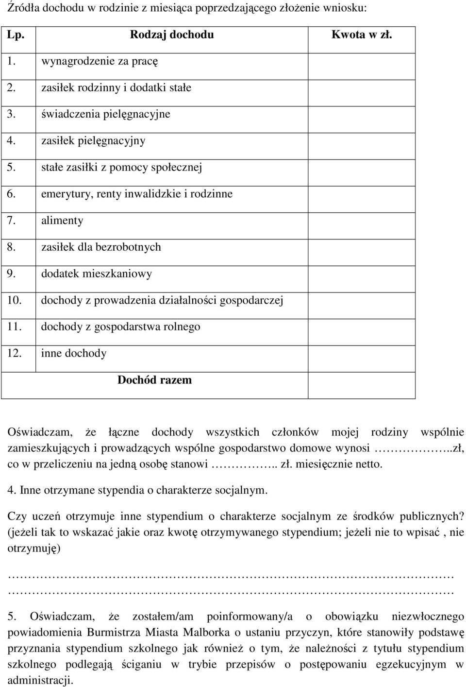 dochody z prowadzenia działalności gospodarczej 11. dochody z gospodarstwa rolnego 12.