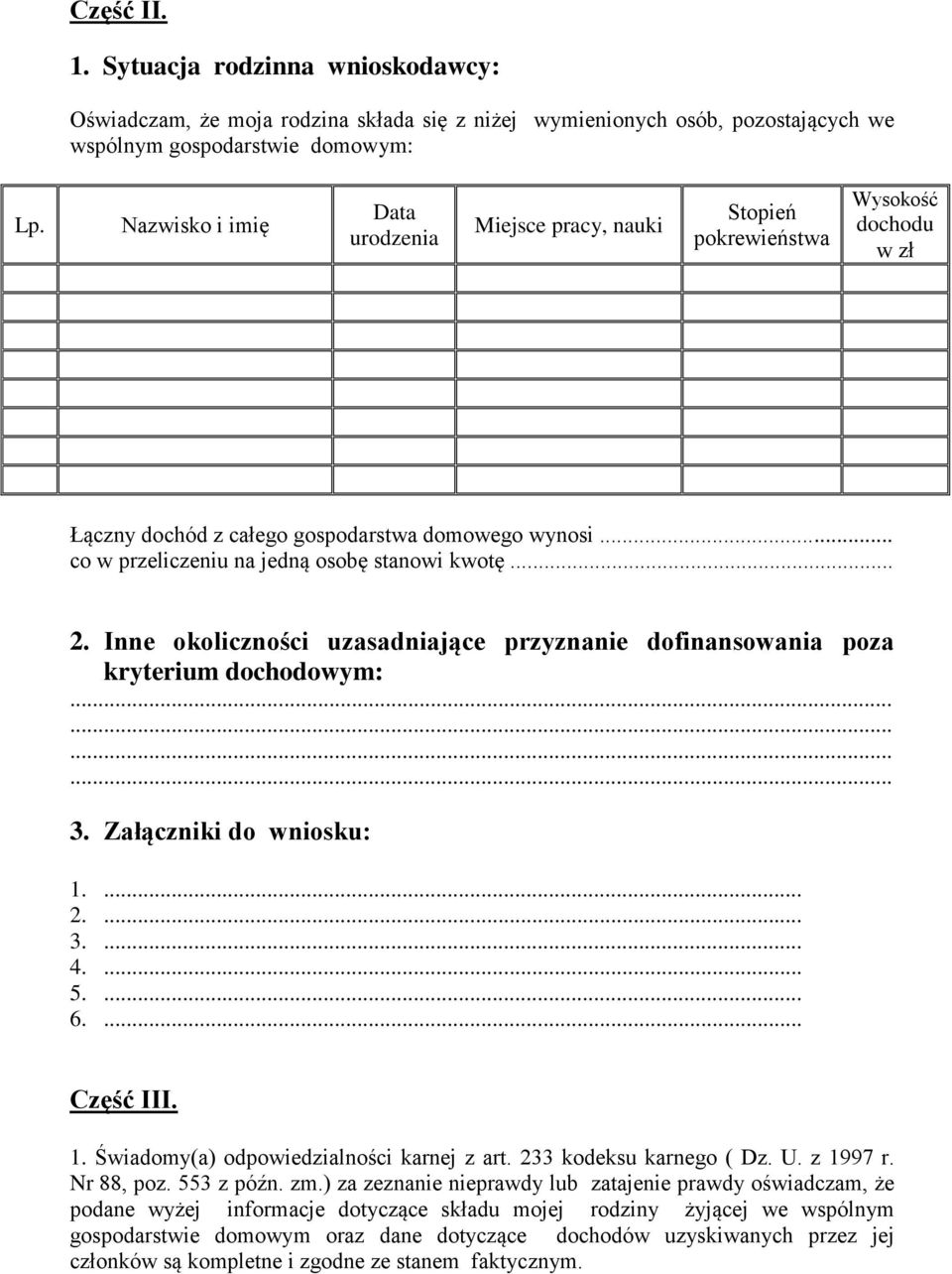 .. 2. Inne okoliczności uzasadniające przyznanie dofinansowania poza kryterium dochodowym:........ 3. Załączniki do wniosku: 1.... 2.... 3.... 4.... 5.... 6.... Część III. 1. Świadomy(a) odpowiedzialności karnej z art.