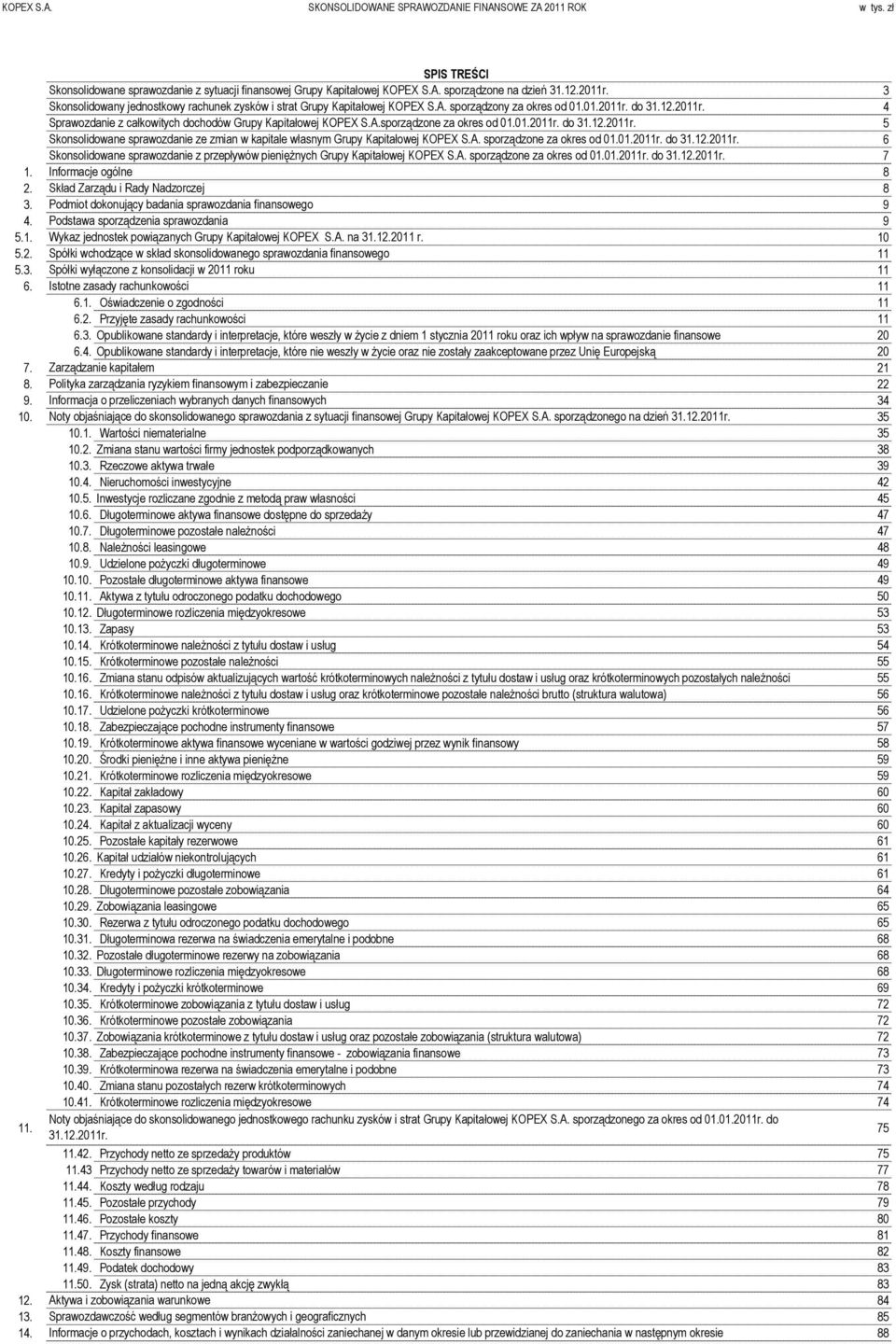 01.2011r. do 31.12.2011r. Skonsolidowane sprawozdanie ze zmian w kapitale własnym Grupy Kapitałowej KOPEX S.A. sporządzone za okres od 01.01.2011r. do 31.12.2011r. Skonsolidowane sprawozdanie z przepływów pieniężnych Grupy Kapitałowej KOPEX S.