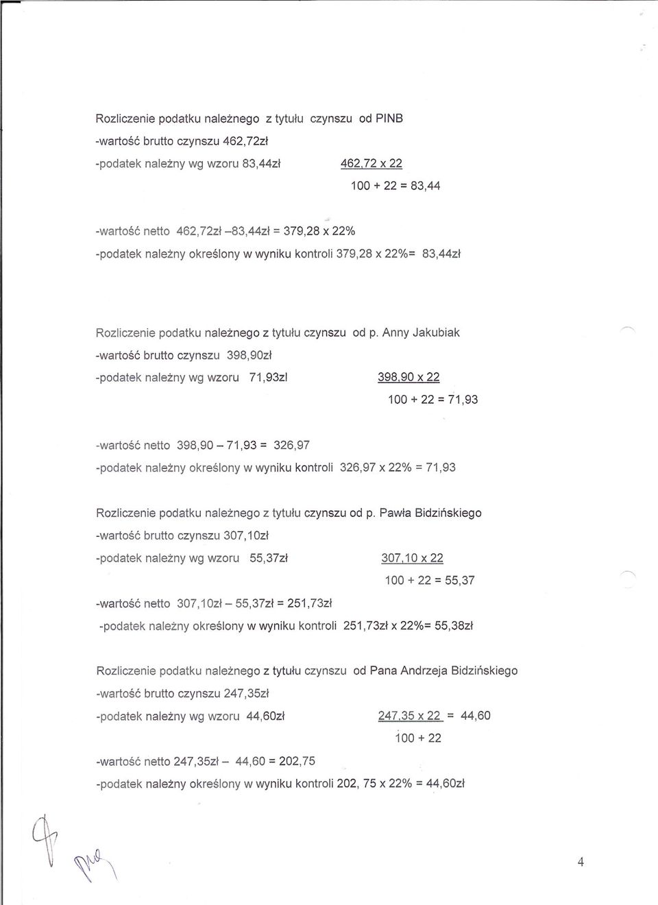 Anny Jakubiak -wartosc brutto czynszu 398,90zl -podatek nalezny wg wzoru 71,93zl 398,90 x 22 100 + 22 = 71,93 -wartosc netto 398,90-71,93 = 326,97 -podatek nalezny okreslony w wyniku kontroli 326,97