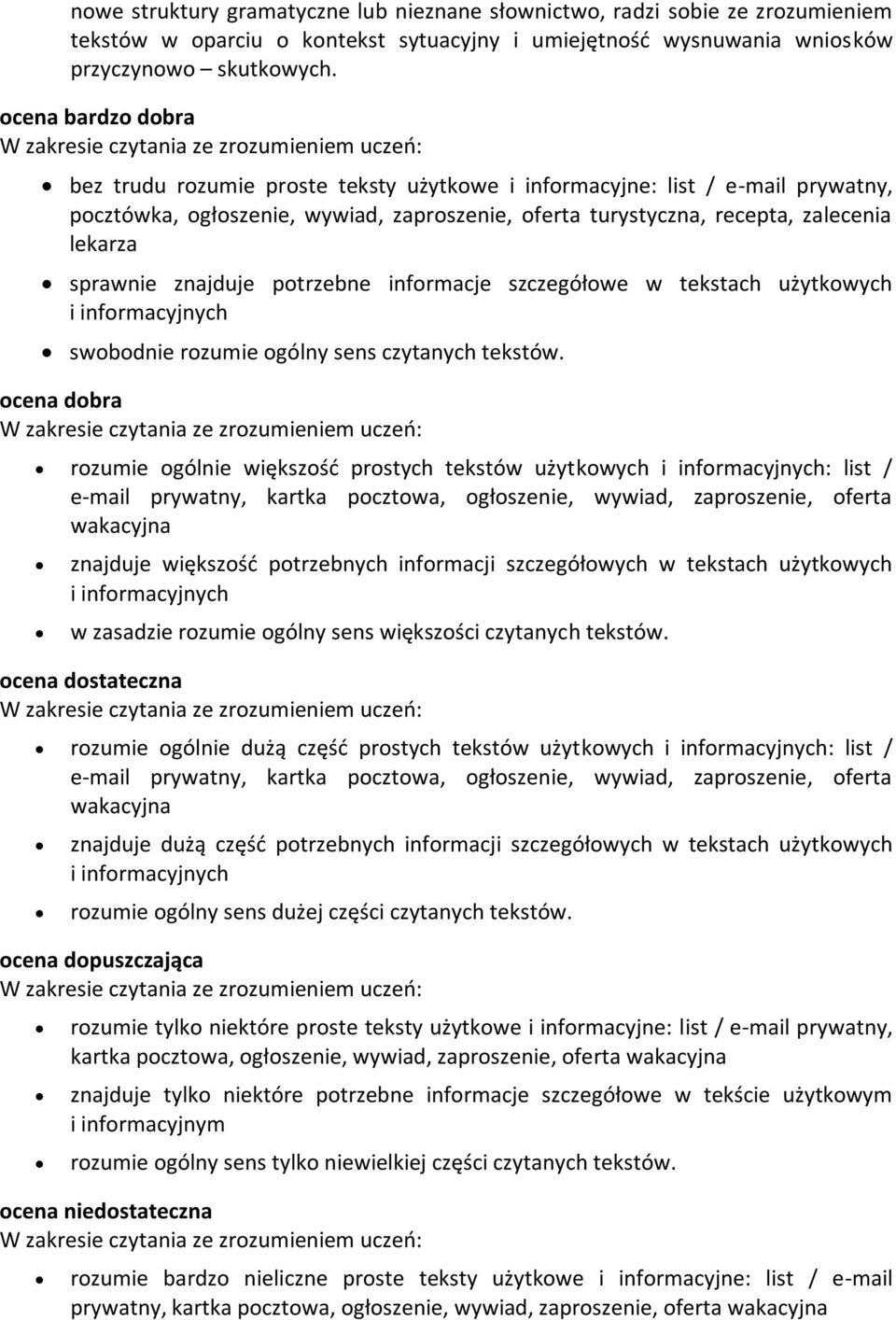 znajduje potrzebne informacje szczegółowe w tekstach użytkowych i informacyjnych swobodnie rozumie ogólny sens czytanych tekstów.