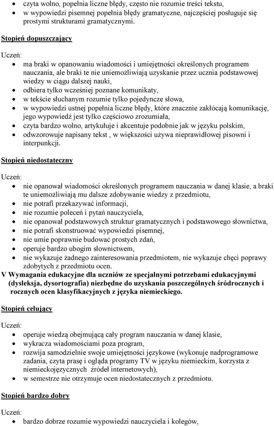 odbiera tylko wcześniej poznane komunikaty, w tekście słuchanym rozumie tylko pojedyncze słowa, w wypowiedzi ustnej popełnia liczne błędy, które znacznie zakłócają komunikację, jego wypowiedź jest