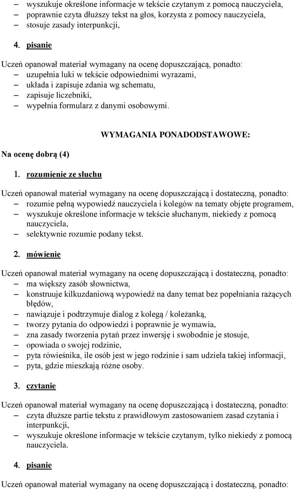 Na ocenę dobrą (4) rozumienie ze słuchu WYMAGANIA PONADODSTAWOWE: rozumie pełną wypowiedź nauczyciela i kolegów na tematy objęte programem, wyszukuje określone informacje w tekście słuchanym,