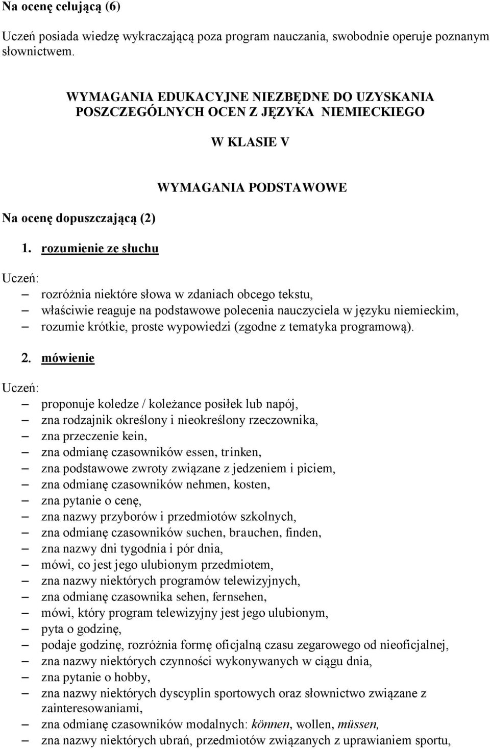 rozumienie ze słuchu WYMAGANIA PODSTAWOWE rozróżnia niektóre słowa w zdaniach obcego tekstu, właściwie reaguje na podstawowe polecenia nauczyciela w języku niemieckim, rozumie krótkie, proste