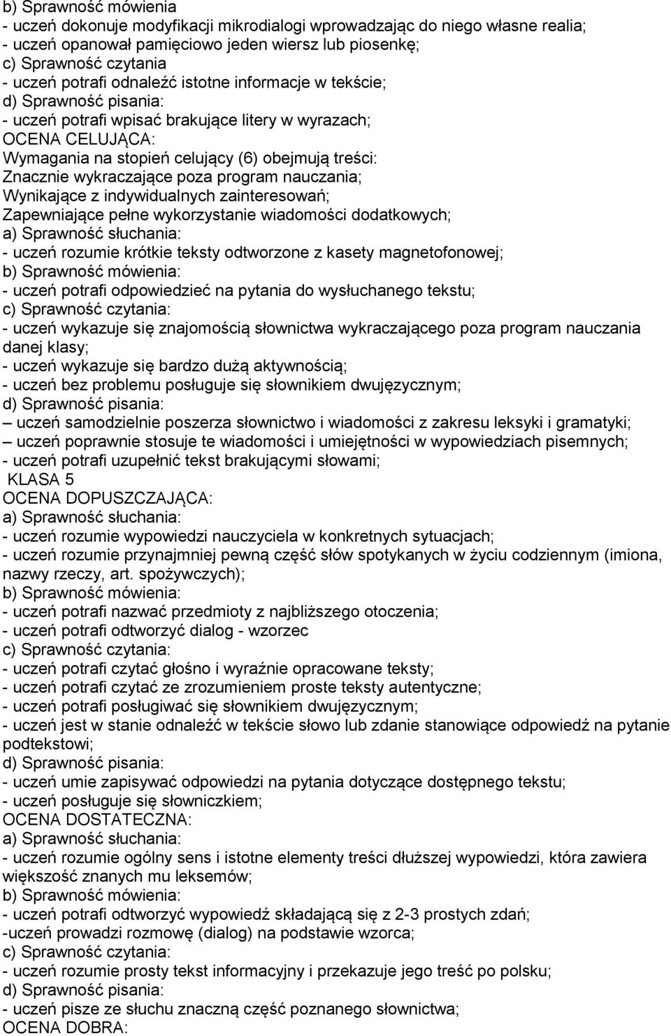 indywidualnych zainteresowań; Zapewniające pełne wykorzystanie wiadomości dodatkowych; - uczeń rozumie krótkie teksty odtworzone z kasety magnetofonowej; - uczeń potrafi odpowiedzieć na pytania do