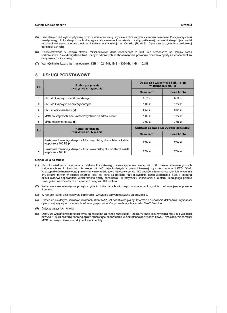 Cenniku (Punkt 5 Op aty za korzystanie z pakietowej transmisji danych). (6) Niewykorzystane w danym okresie rozliczeniowym dane pochodz ce z limitu nie przechodz na kolejny okres rozliczeniowy.