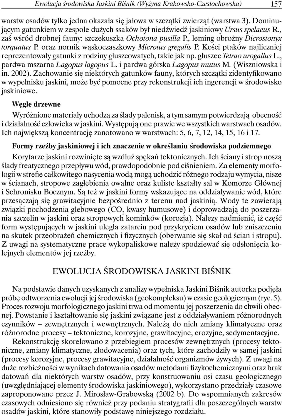 oraz nornik wąskoczaszkowy Microtus gregalis P. Kości ptaków najliczniej reprezentowały gatunki z rodziny głuszcowatych, takie jak np. głuszec Tetrao urogallus L., pardwa mszarna Lagopus lagopus L.